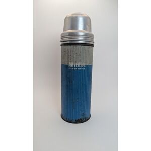 Vintage Universal Vacuum Bottle 2615 Blue Grey Ribbed Metal Thermos New Britain